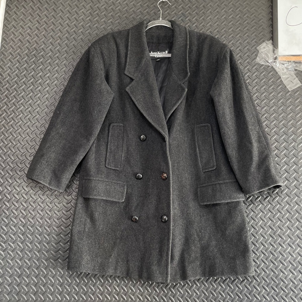 Vintage Anne Klein ll Coats Dark Gray Double‎ Breasted Pea Coat Wool Women Large